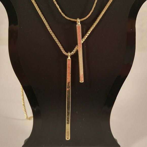 Necklace earring set gold bar 2-row drop pyramid - Picture 3 of 4